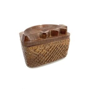 Vintage Antique Humidor Hand Carved Folk Art Wood Ashtray on Lid Trinket Box